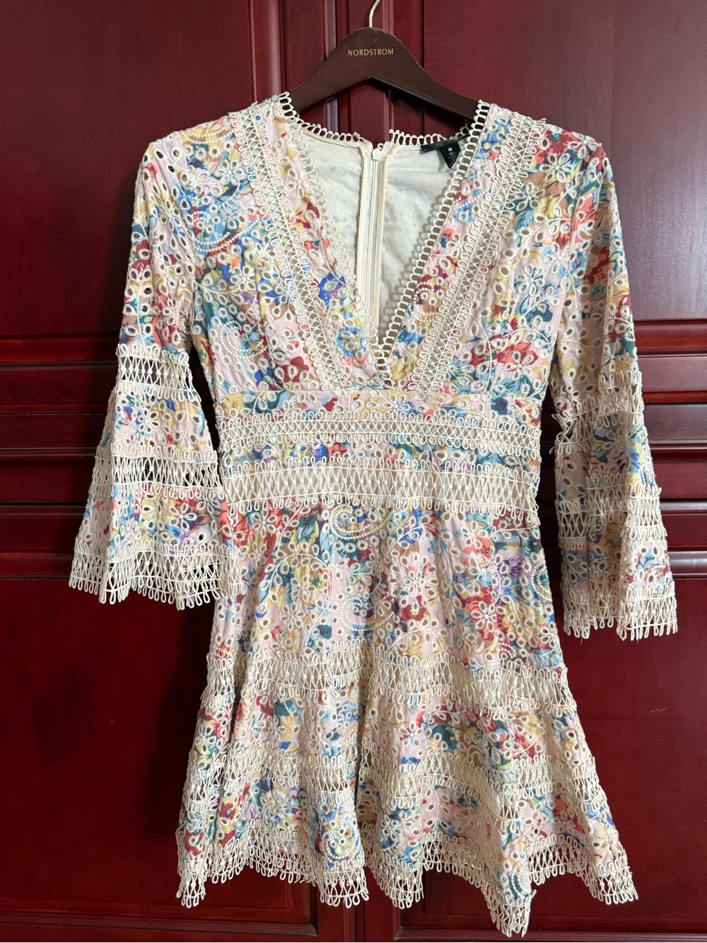 Aqua Floral Crochet-Trim Long Sleeve Mini Dress - Multicolor